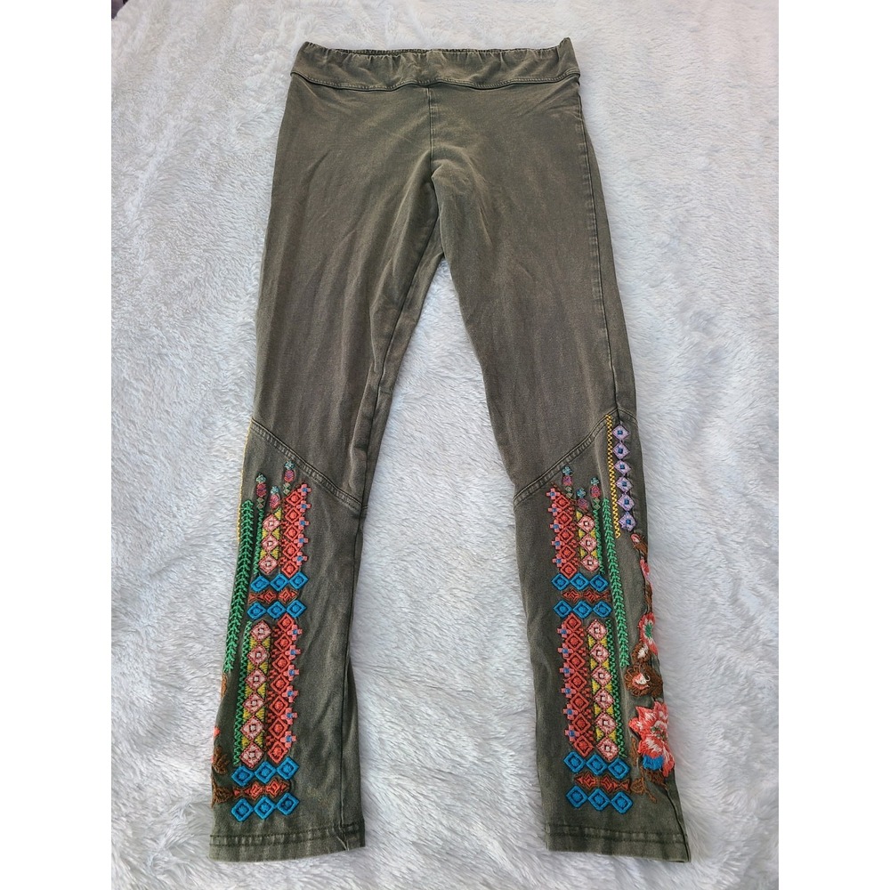 Sundance Artist Embroidered Leggings Size Medium Boho Olive Green Mineral Washed